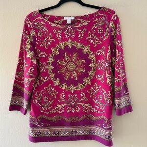 Charter Club Fuchsia and Gold Medallion Boatneck 3/4 Sleeve Top
